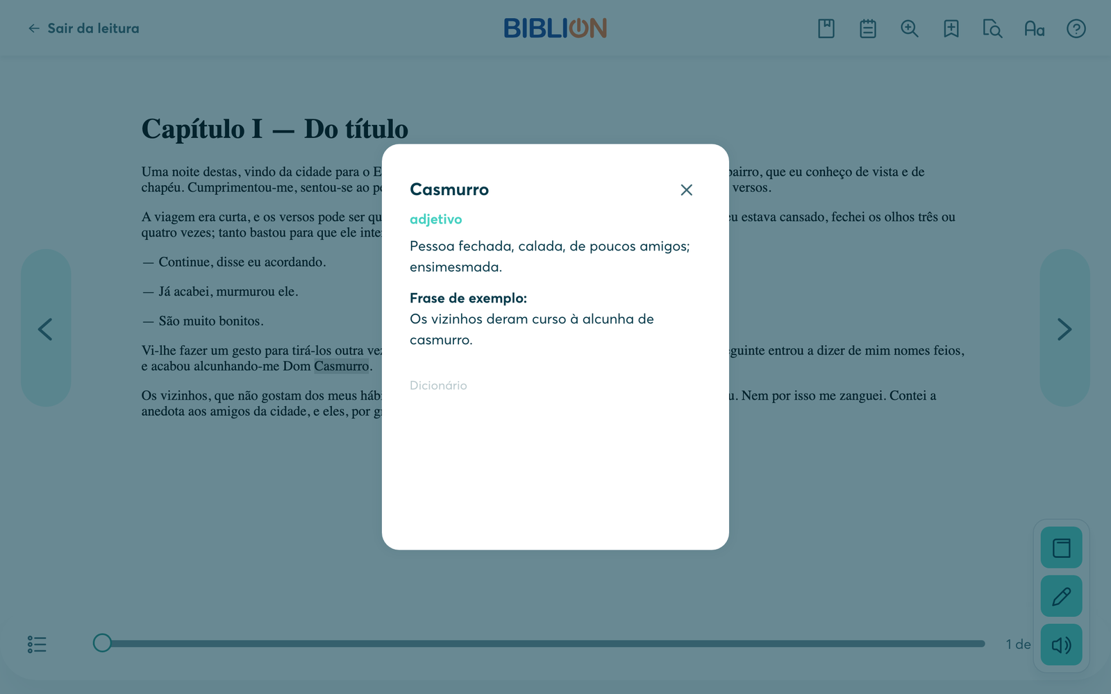 Janela do dicionário com o significado da palavra Casmurro e uma frase de exemplo