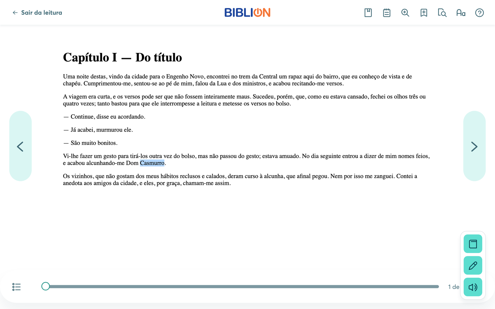 Palavra Casmurro selecionada no leitor, com os botões de dicionário, nota e ouvir no canto da tela