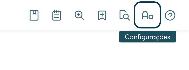 Botão Configurações do leitor com borda de foco e o nome do botão escrito embaixo