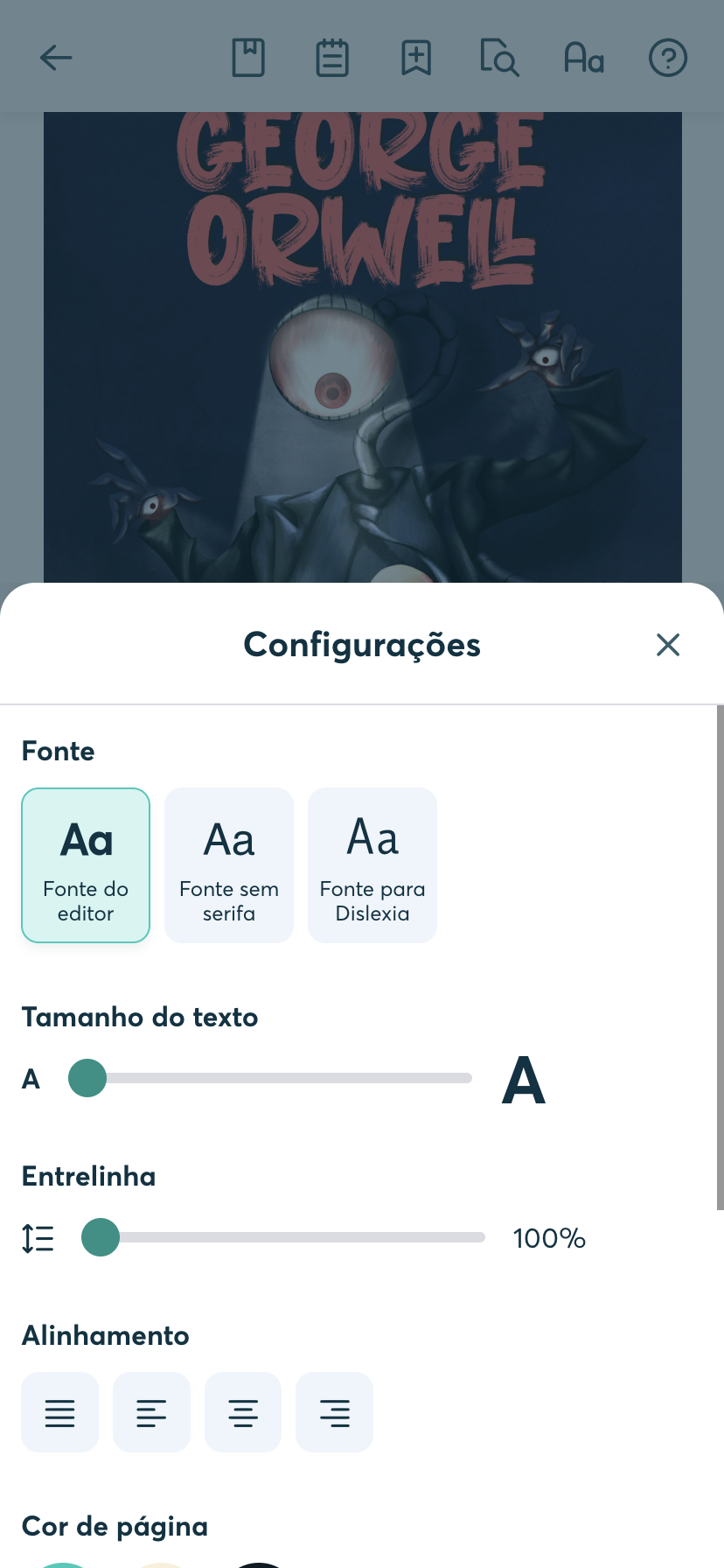 Painel de ajustes de leitura da BibliON
