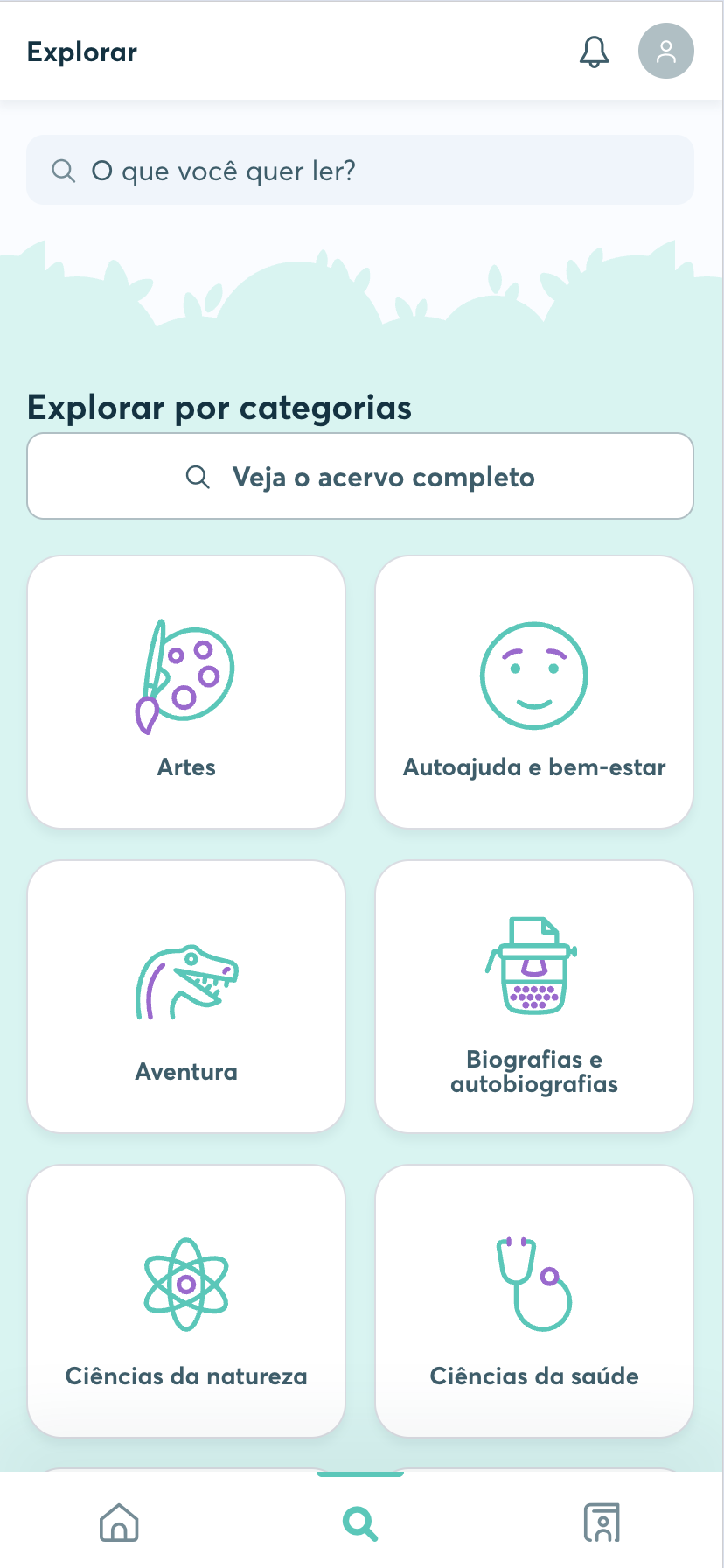 Tela de categorias da BibliON