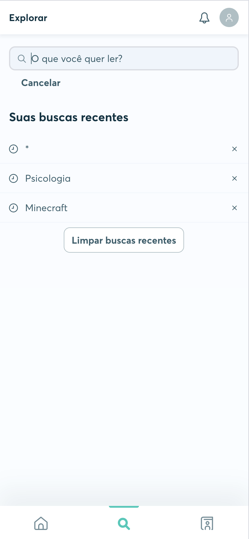 Campo de busca da BibliON com o histórico de buscas recentes