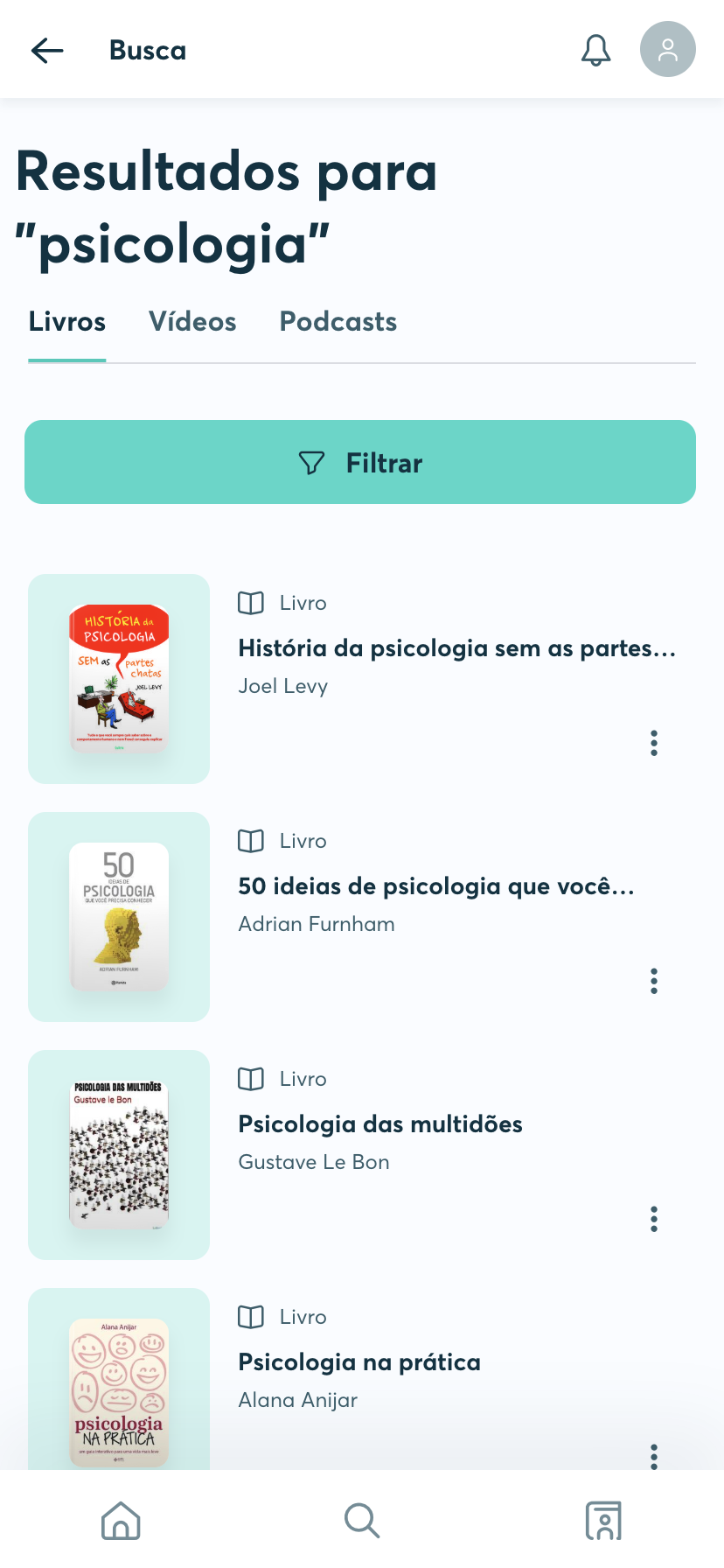 Página de resultados da busca na BibliON