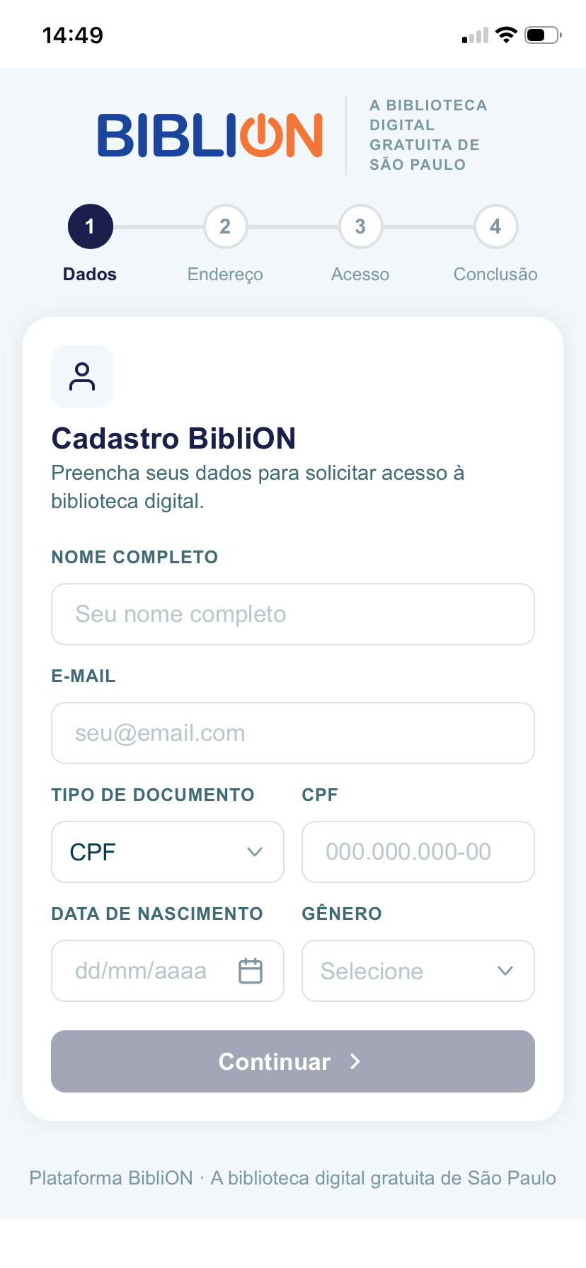 Primeiro passo do cadastro na BibliON, com os campos de dados pessoais
