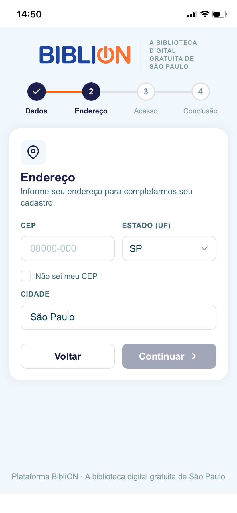 Segundo passo do cadastro na BibliON, com os campos de endereço