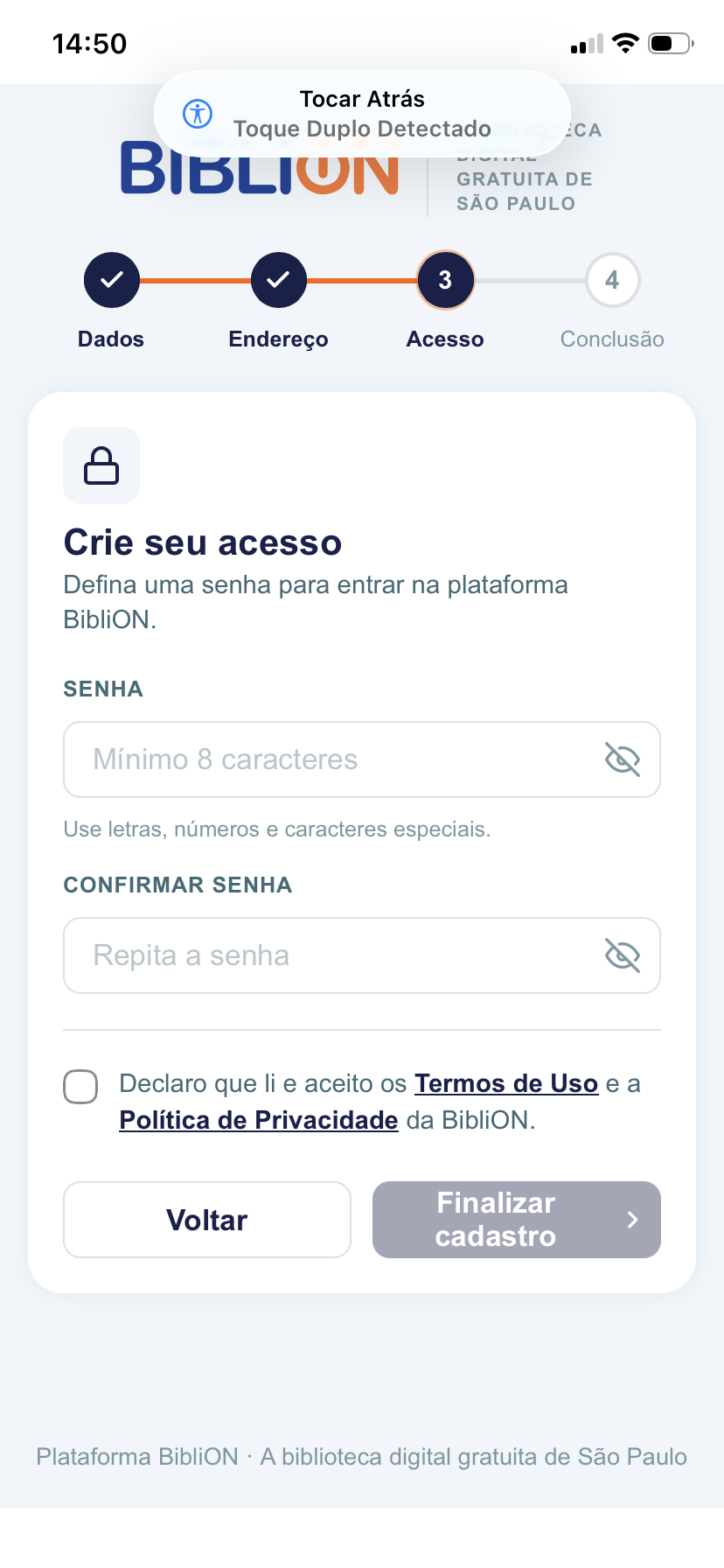 Terceiro passo do cadastro na BibliON, com a criação de senha