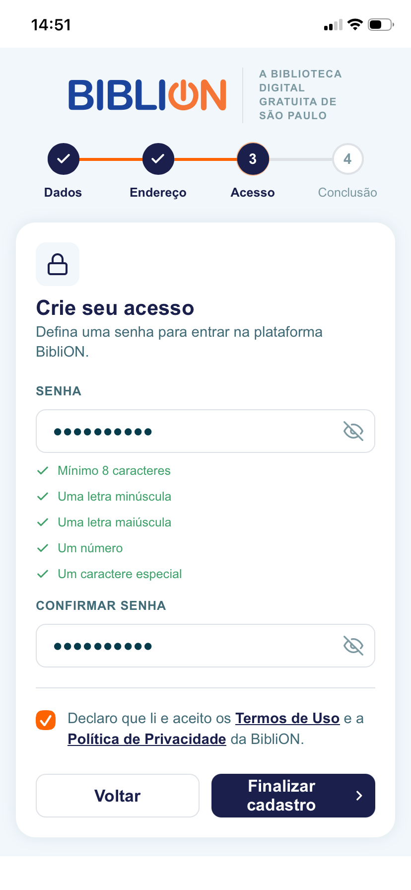 Quarto passo do cadastro na BibliON, com o resumo e o aviso de e-mail enviado
