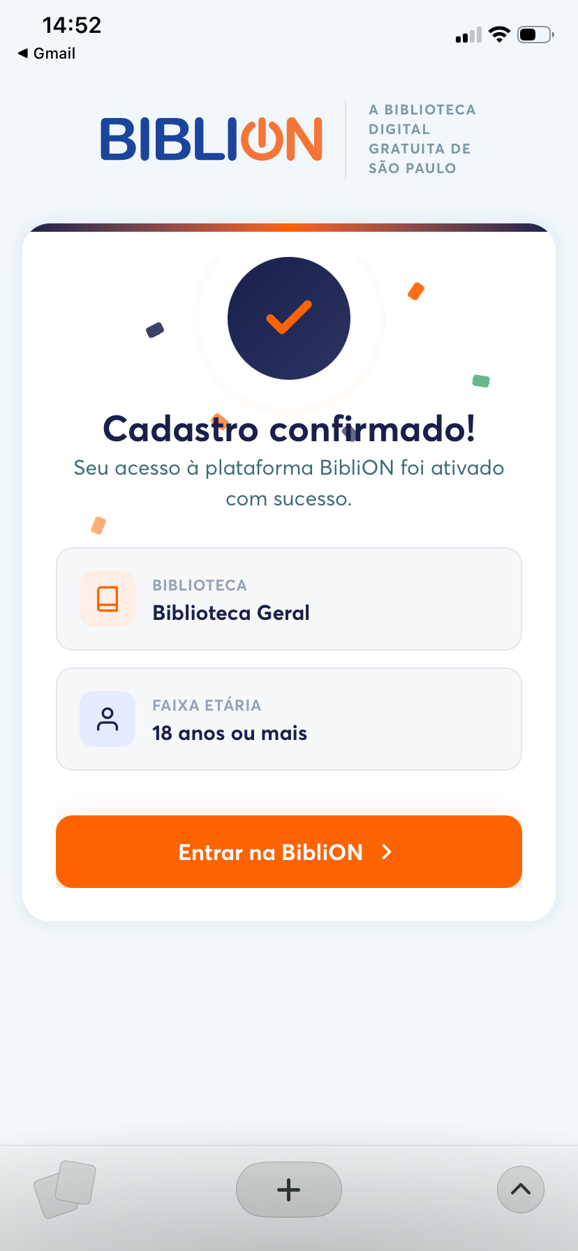 Tela de cadastro confirmado da BibliON, com a conta ativada