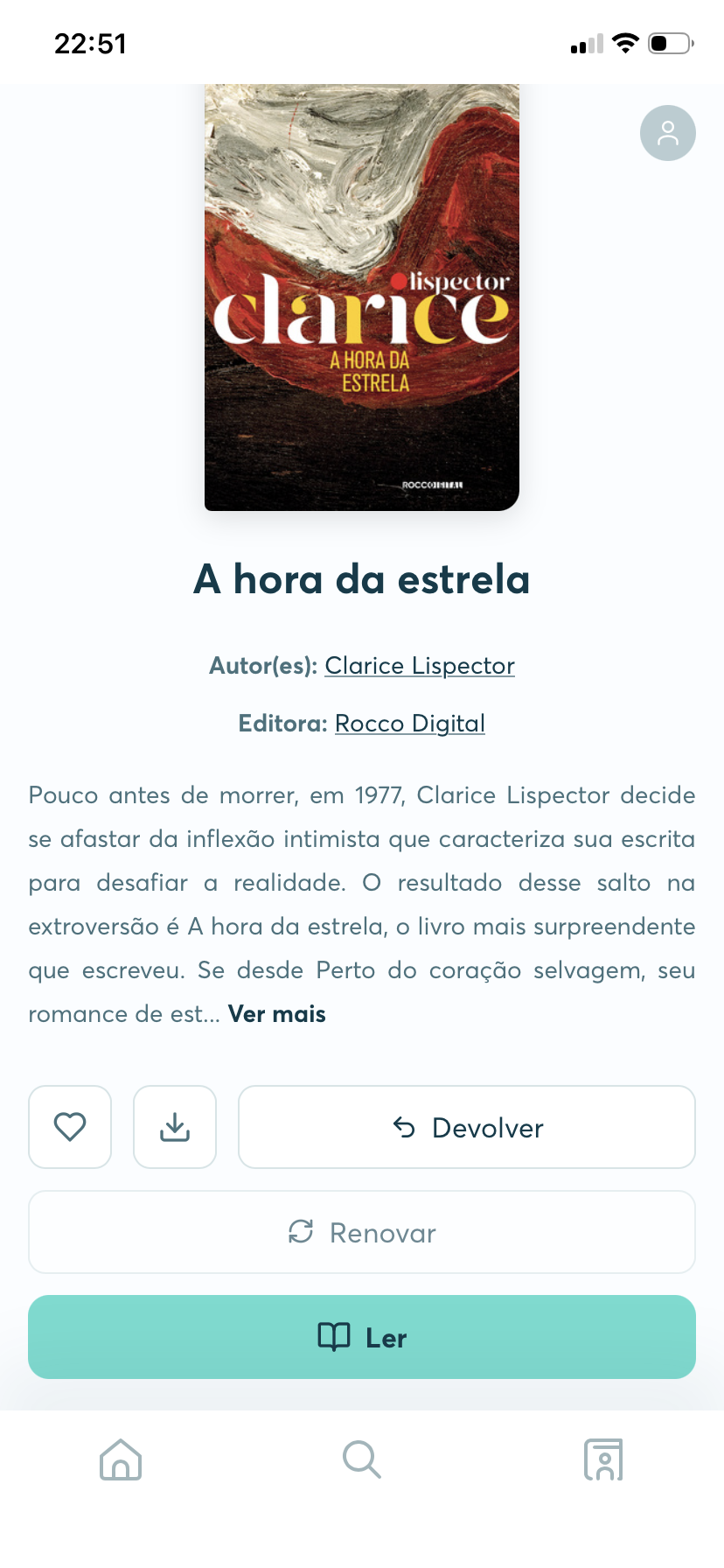 Página de um livro emprestado na BibliON, com as opções de ler, devolver e renovar
