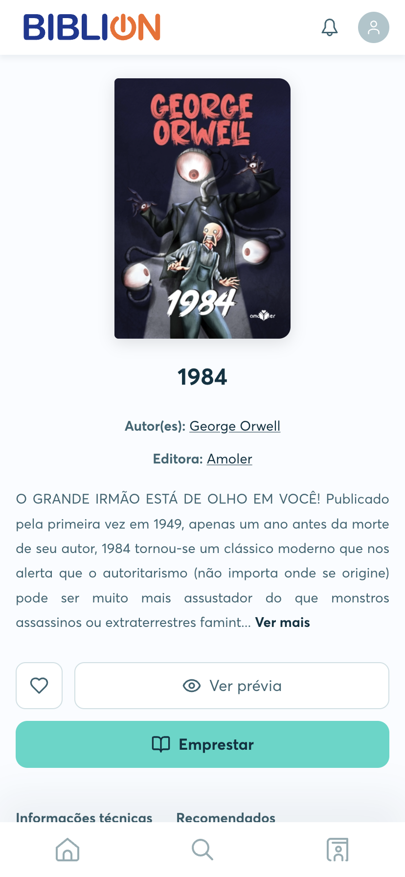 Página de detalhes de um livro na BibliON, com capa, informações e botões de ação