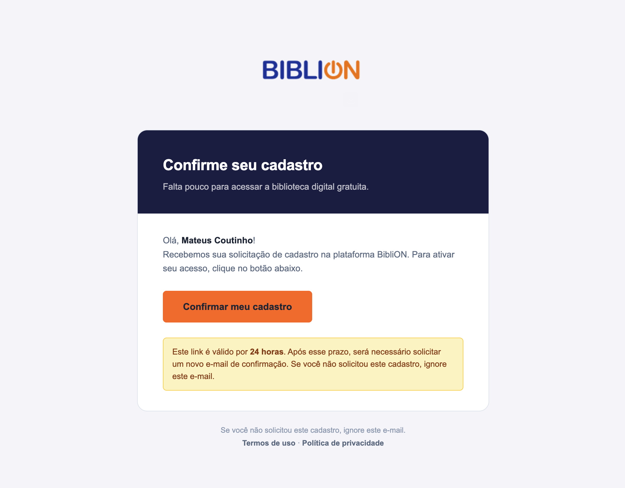 E-mail de confirmação de cadastro da BibliON
