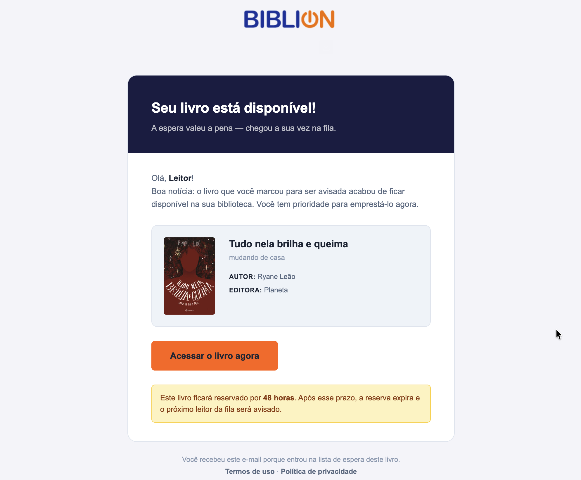 E-mail da BibliON avisando que o livro reservado ficou disponível