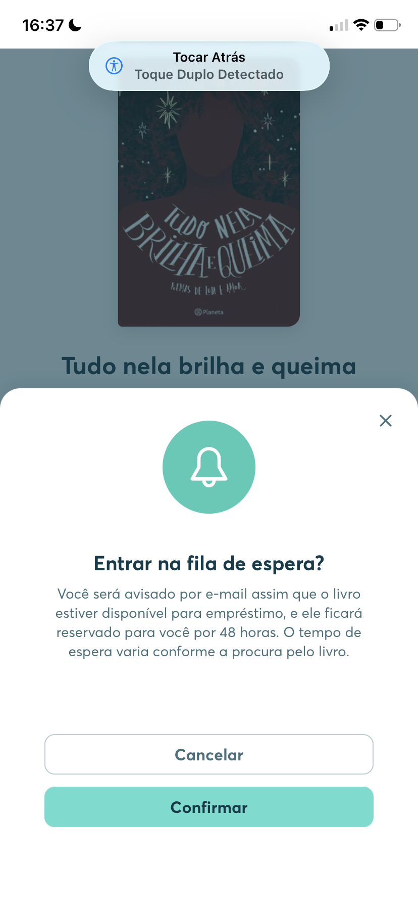 Confirmação de entrada na fila de espera na BibliON