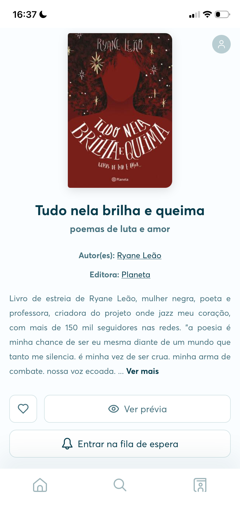 Página de um livro indisponível na BibliON, com a opção de reservar