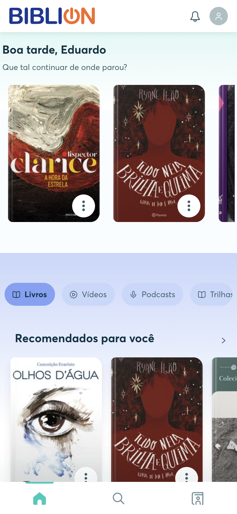 Página inicial da BibliON com prateleiras de conteúdos