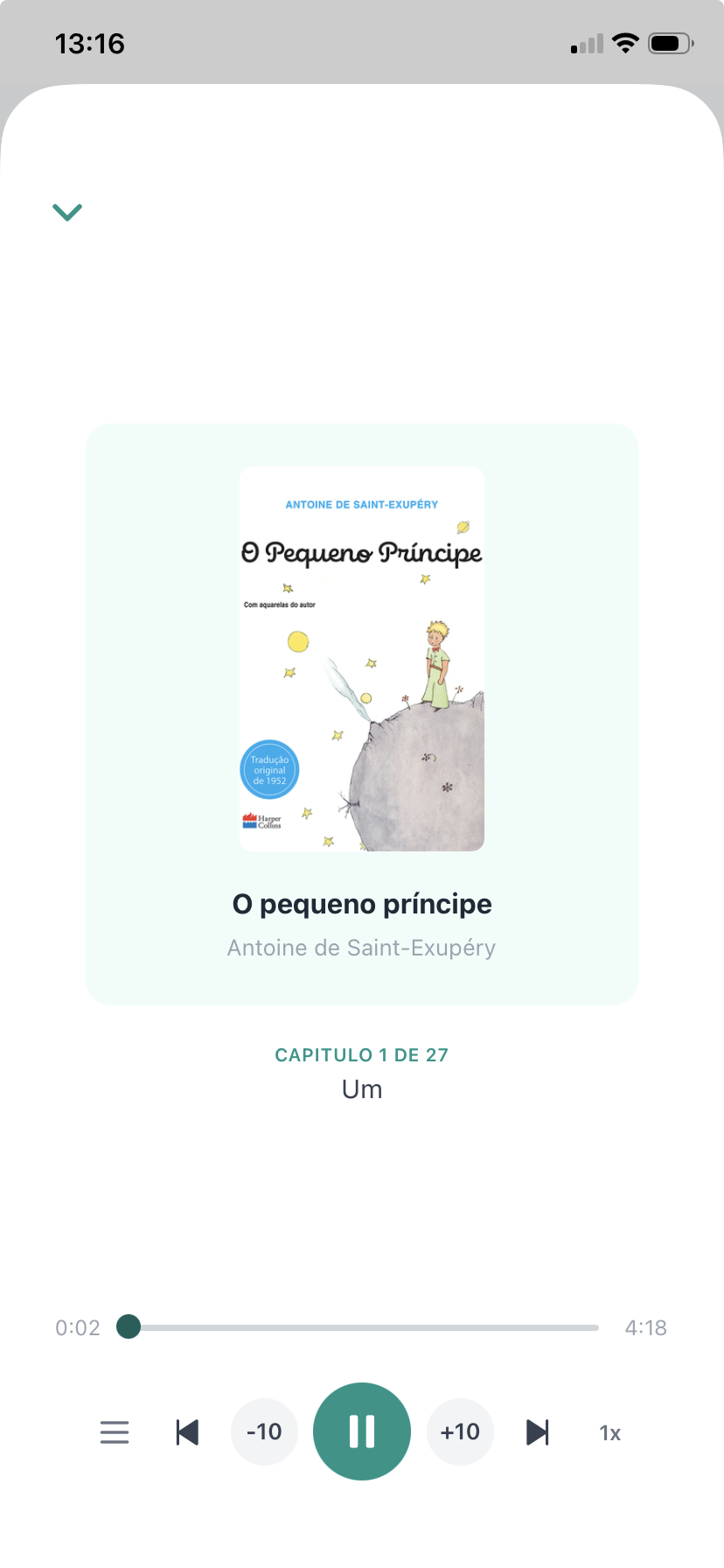 Player de audiolivro da BibliON com capa, controles e capítulos