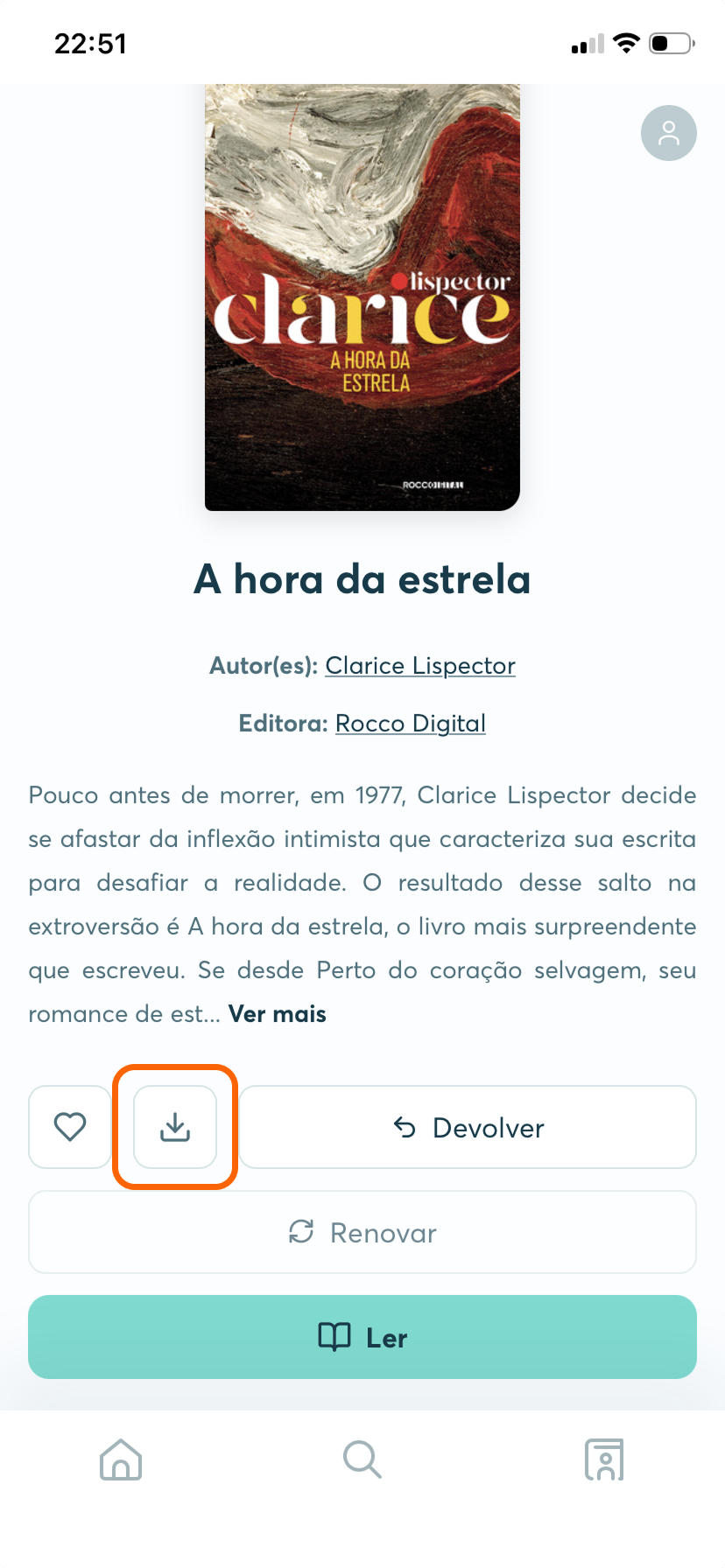 Opção de baixar livro para leitura offline no aplicativo da BibliON