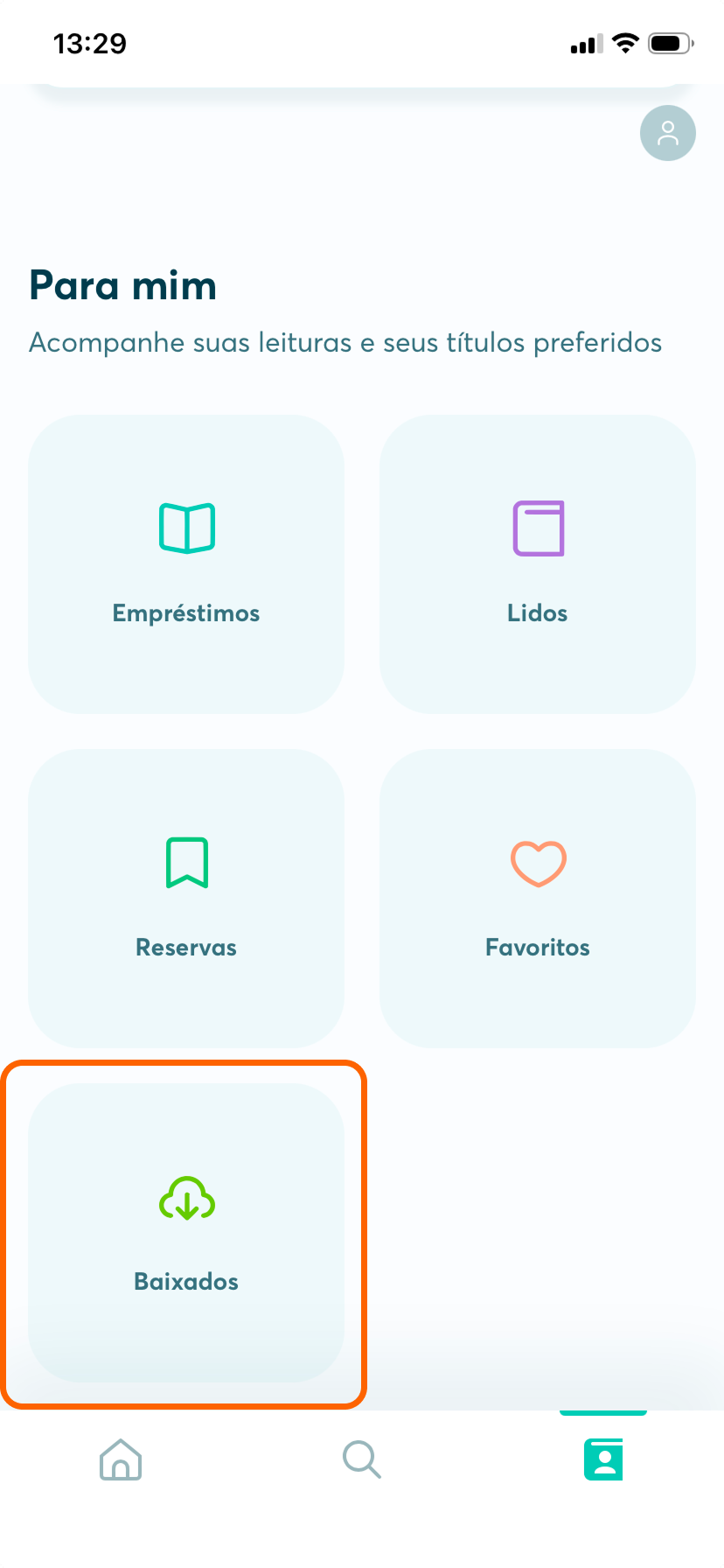 Botão para acessar os conteúdos baixados em Minhas leituras da BibliON