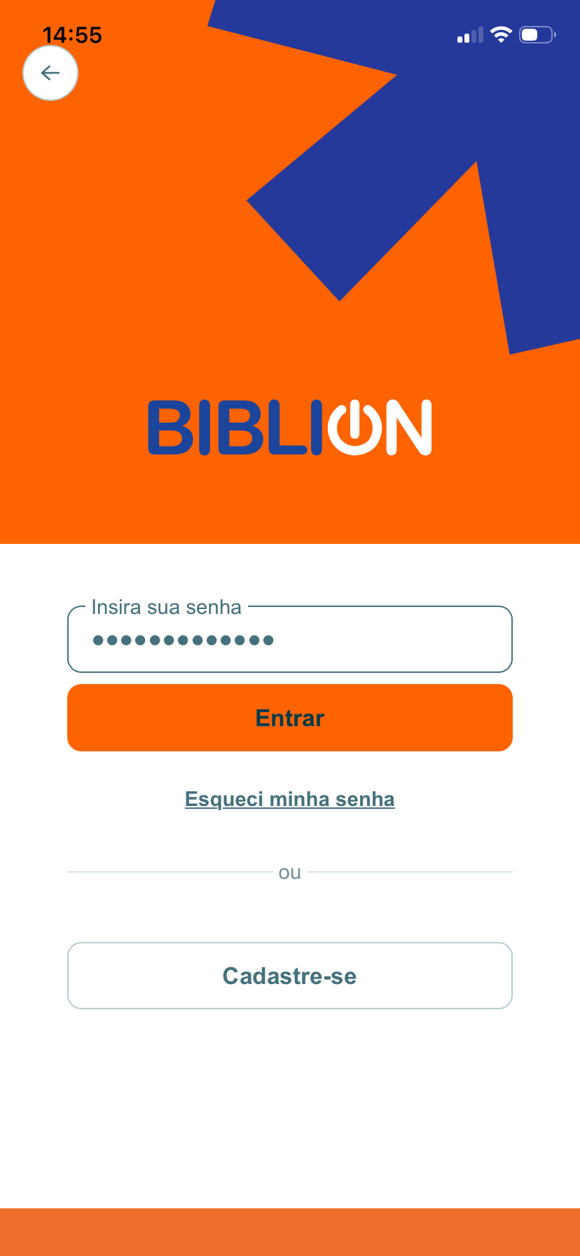 Segunda etapa do login da BibliON, com o campo de senha