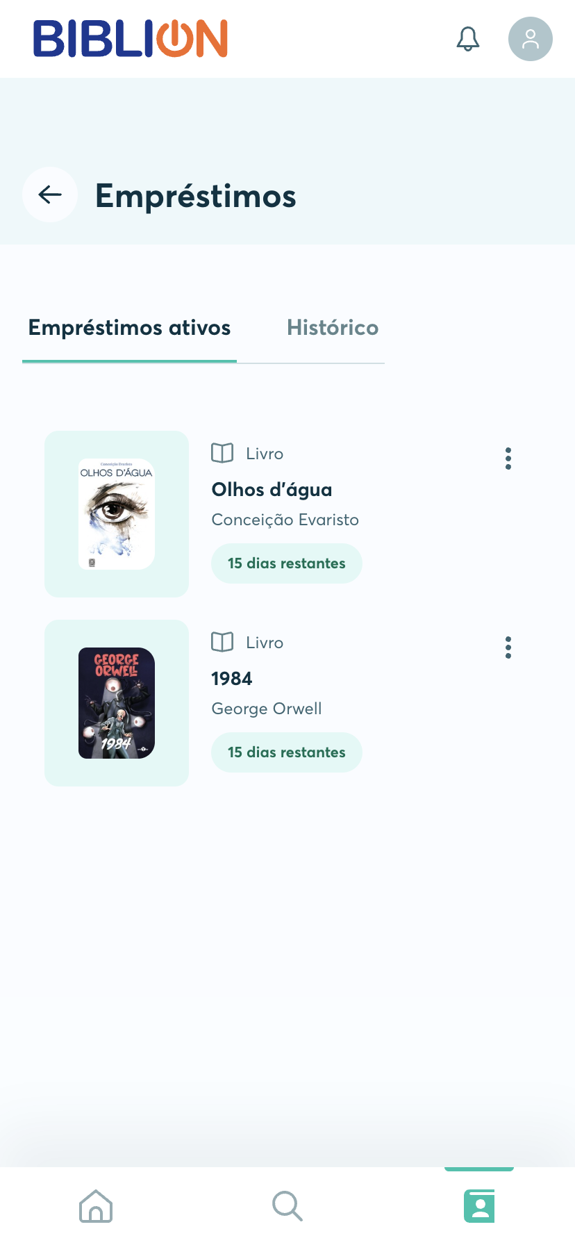 Aba de empréstimos em Minhas leituras da BibliON