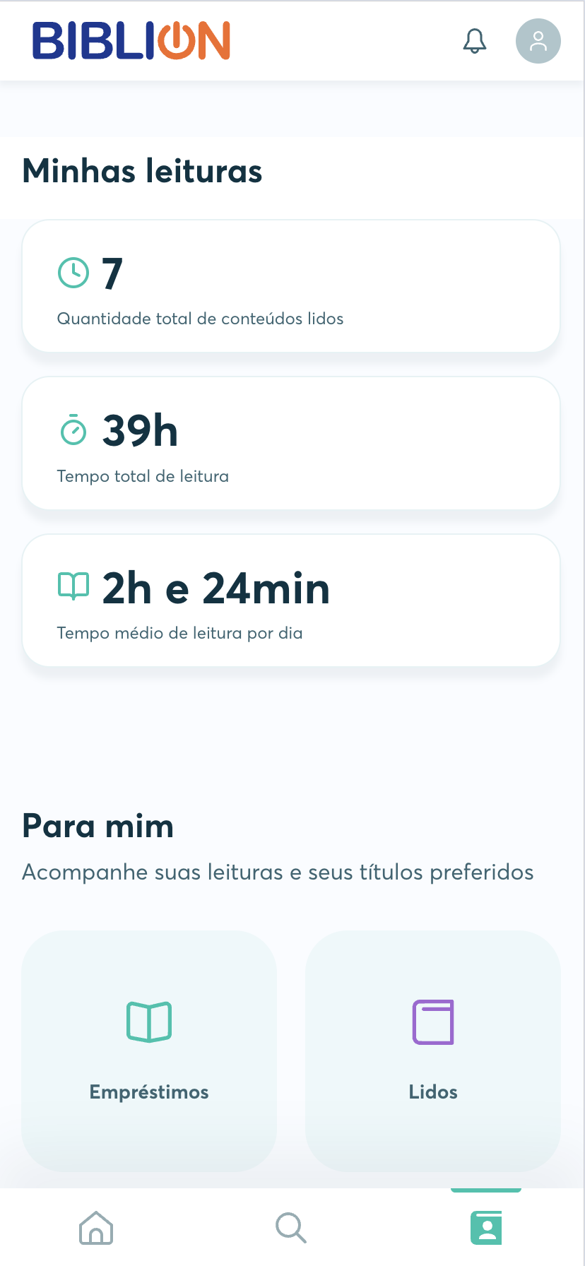 Tela Minhas leituras da BibliON com as categorias