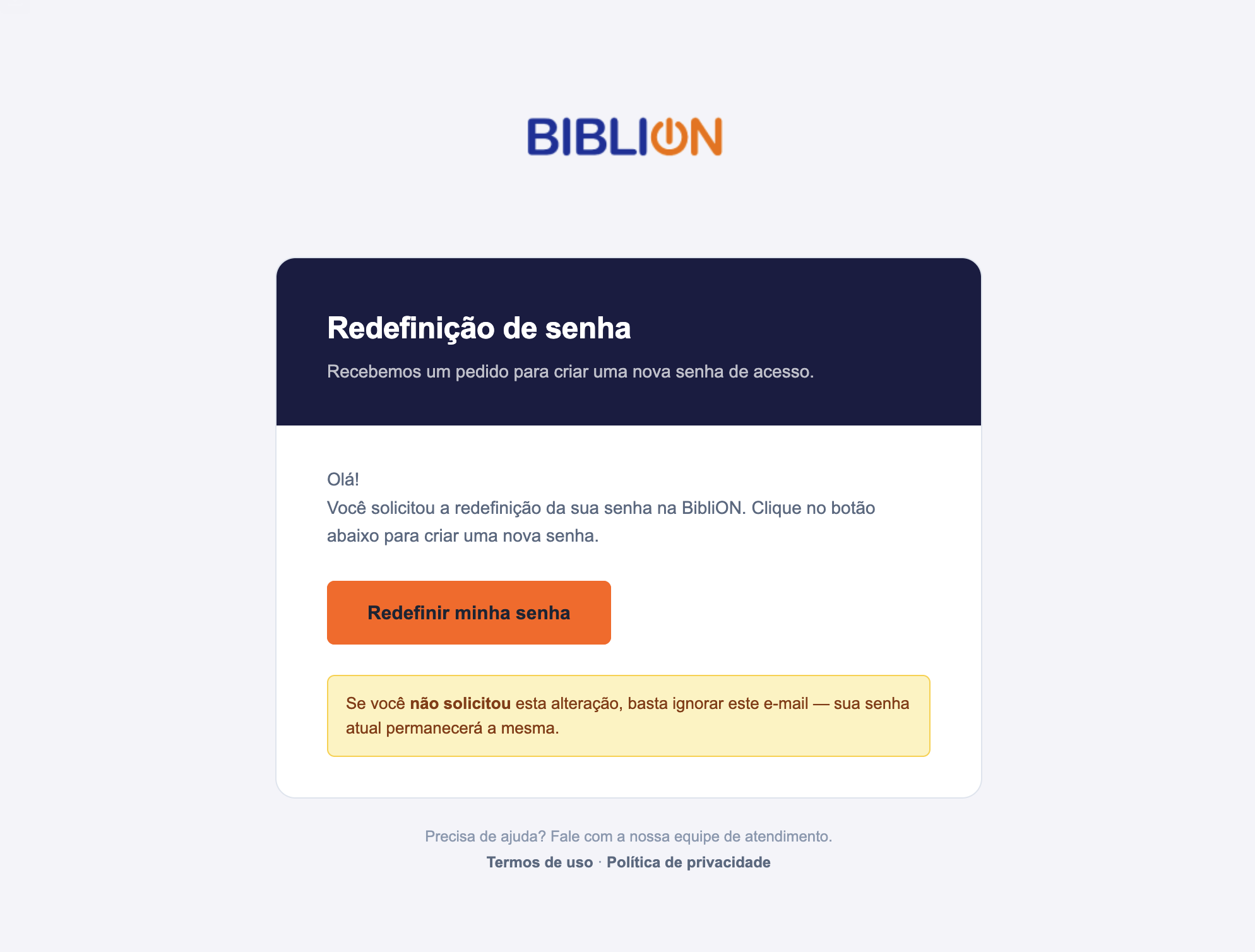 E-mail da BibliON com o link para redefinir a senha