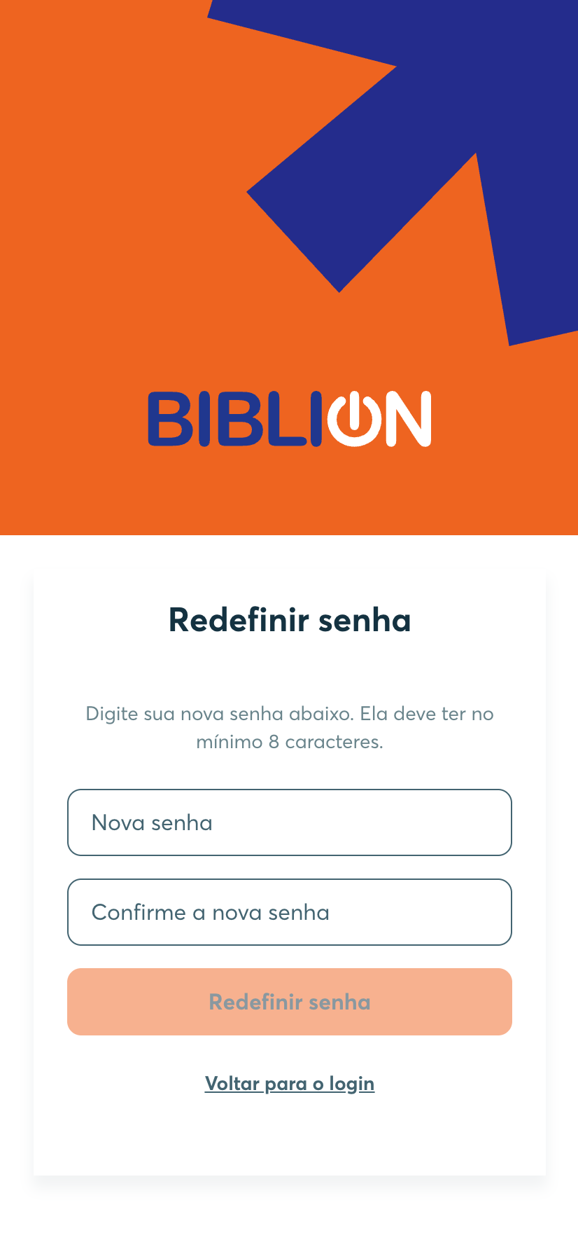 Tela da BibliON para definir a nova senha