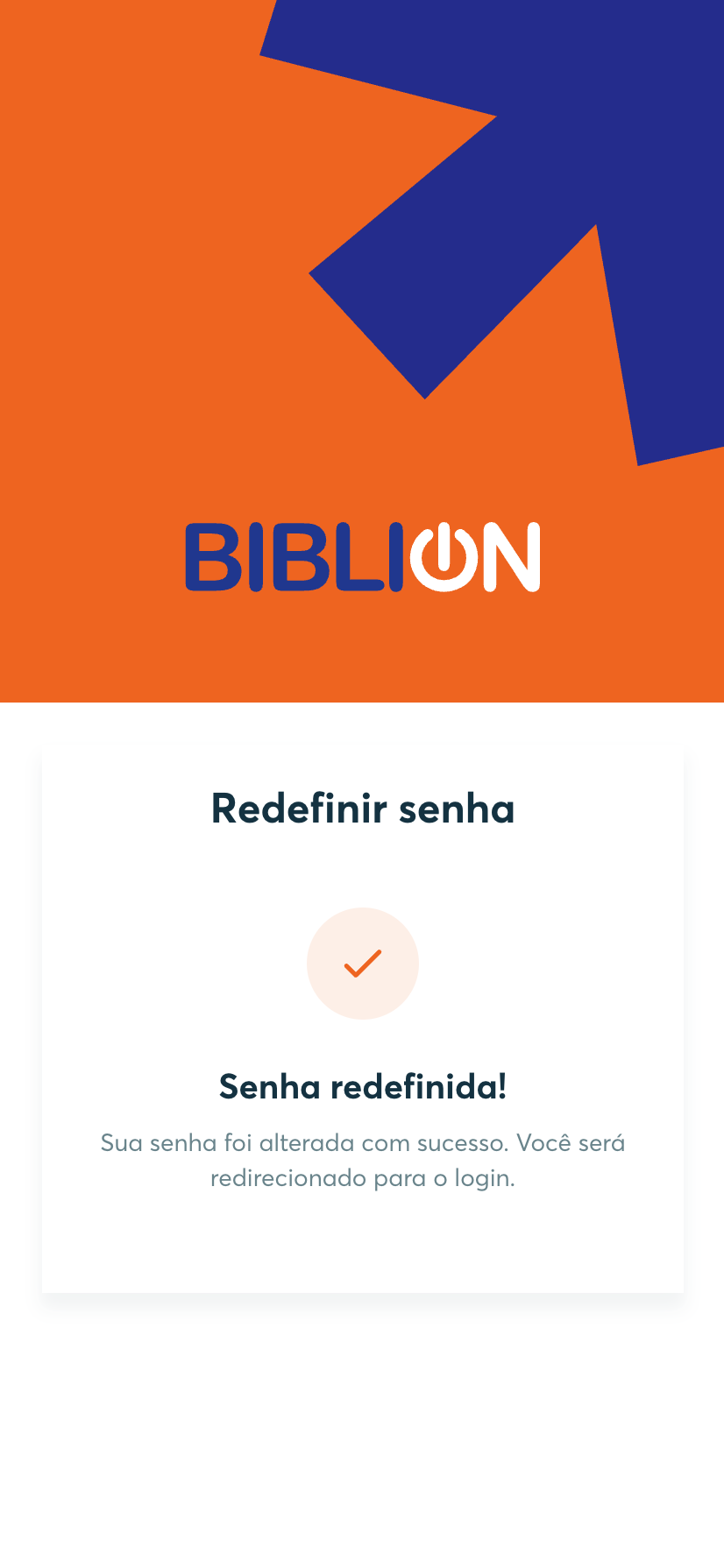 Tela da BibliON confirmando que a senha foi redefinida